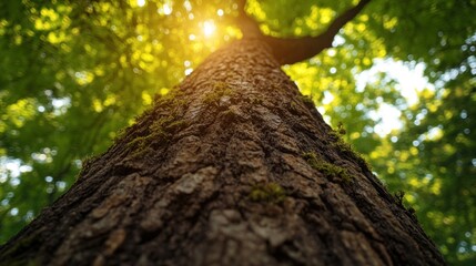 Fototapeta premium Sunlight filters through forest canopy illuminating large tree trunk