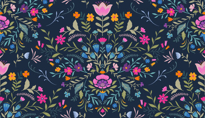 Vector seamless pattern with ornate insects, beetles, butterflies. Folk art floral natural endless background.