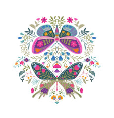 Vector beautiful composition with ornate insects, beetles, butterflies. Folk art floral poster.
