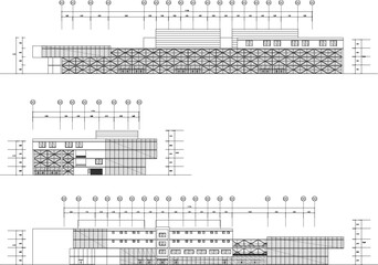 Vector sketch illustration silhouette architectural design floor plan elevation section of modern shopping center building mall supermarket multi-storey