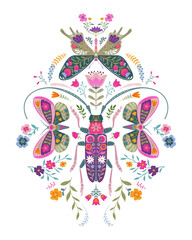 Vector beautiful composition with ornate insects, beetles, butterflies. Folk art floral poster.