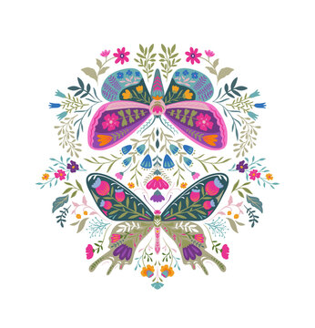 Fototapeta Vector beautiful composition with ornate insects, beetles, butterflies. Folk art floral poster.