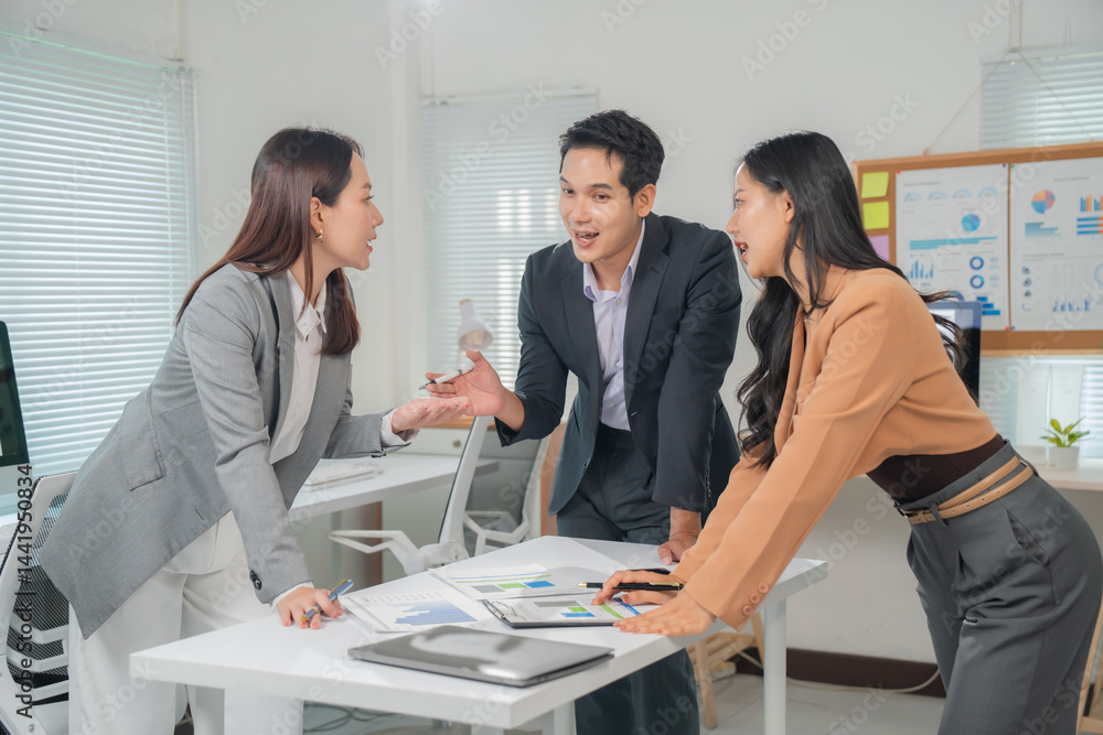 Aufkleber asian businesspeople discussing and analyzing data in office meeting, marketing team working togethe