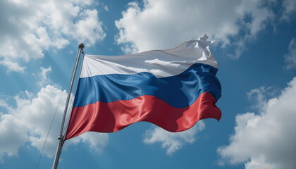 Flag of Russia waving against a clear blue sky with fluffy clouds