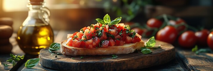 Delicious bruschetta with tomatoes, basil and olive oil on wooden table