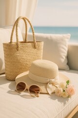 A stylish beach scene featuring a soft woven straw tote bag, a wide-brimmed sun hat with a delicate ribbon, and oversized round sunglasses.