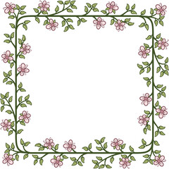 Square border with a branch of leaves and flowers. Illustration made with flowers and leaves on a white background creating a square border.