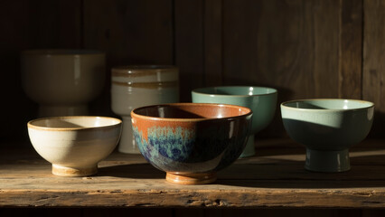 Collection of ceramic bowls with unique glaze colors and designs, displayed on a rustic wooden shelf in soft light.