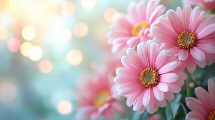 Fototapeta premium Beautiful pink daisies blooming in a garden setting with soft light and bokeh effects enhancing their vibrant colors