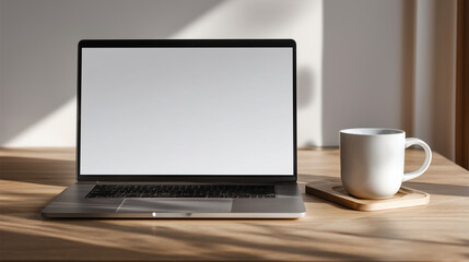 Fototapeta premium Minimalist Workspace with Laptop and Coffee Mug on Wooden Desk, Blank Screen Mockup Collection
