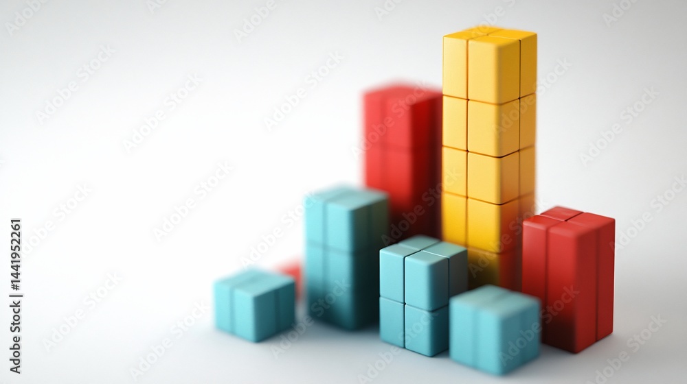 Poster colorful 3d blocks forming an upward trending bar graph.