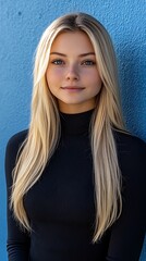 Blonde woman, turtleneck, blue background