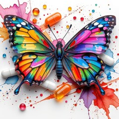 Fototapeta premium Colorful Butterfly Morphing from Pills and Paint Splashes