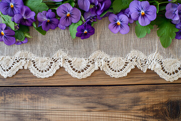 Purple Pansies and Lace on Rustic Wooden Background