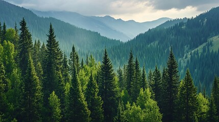 Fototapeta premium Majestic mountain landscape with lush evergreen forest and rolling hills fir sky view pine blue calm