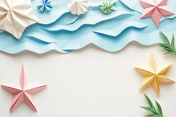Colorful Origami Beach Scene with Palm Trees and Tropical Atmosphere