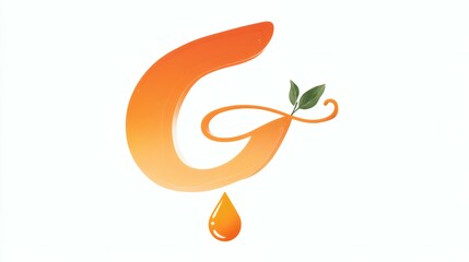 Orange Letter G with Green Leaves and a Droplet on a White Background