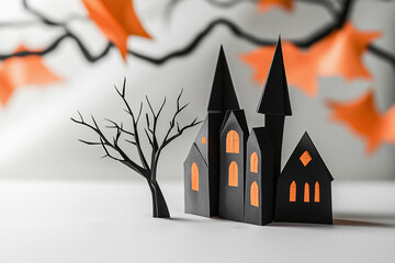 Origami Halloween Scene with Pumpkins and Haunted Houses