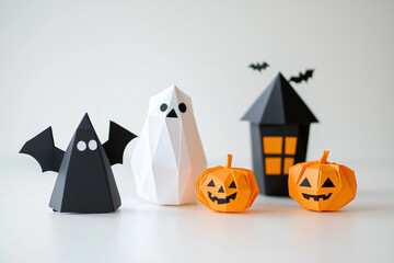 Halloween Origami Scene with Pumpkins, Bats, and Autumn Decoration