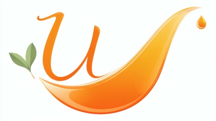 Obraz premium Orange Letter U with Oil Swirl and Leaf Accent on a White Background Design