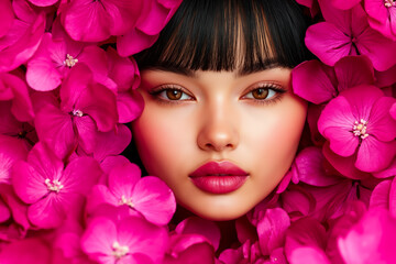Naklejka premium A woman surrounded by pink flowers with her face covered in flowers