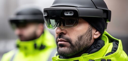 Fototapeta premium Engineers utilize AR headsets to visualize ship structures and facilitate automated installations with holographic guidance.