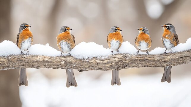 Five robins perched on a snow-covered branch in winter. - Powered by Adobe