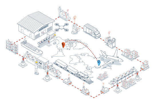 Global logistics network. 3D isometric scenes showing export-import operations via air, road, rail, and cargo services.