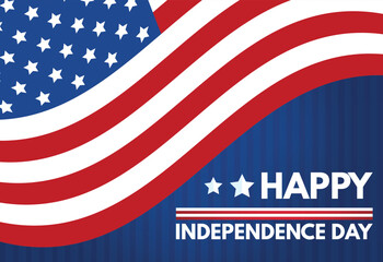 American flag background shows the USA symbol with red stripes and white stars on a blue field, representing the United States for the 4th of July independence celebration