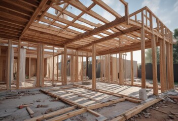 Fototapeta premium Modern home extension framing, under construction, property, landscaping