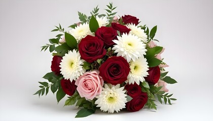Stunning bouquet of red roses and white chrysanthemums with delicate pink flowers.