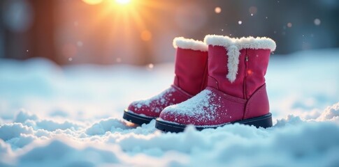 Tiny boots in fresh powder, vibrant winter scene, landscape, fun