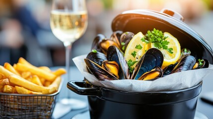 Delicious moules frites with french fries and white wine being served in a restaurant