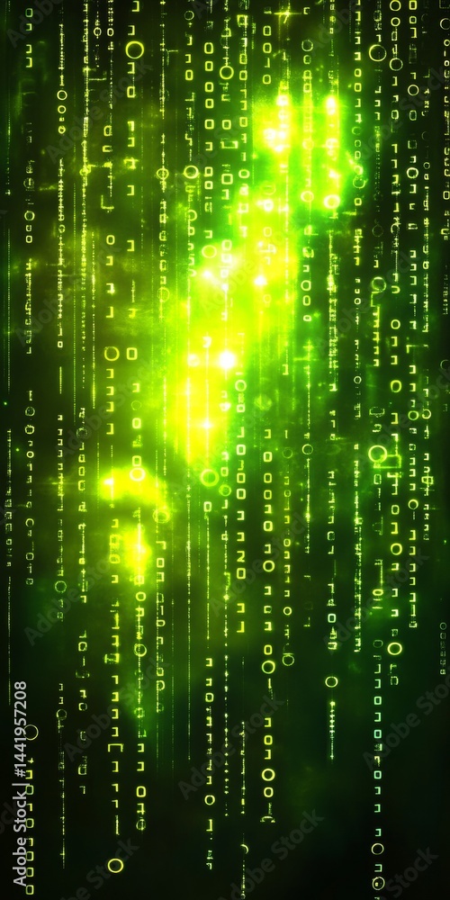 Poster green digital rain. binary computer code falling digits technology banner background.