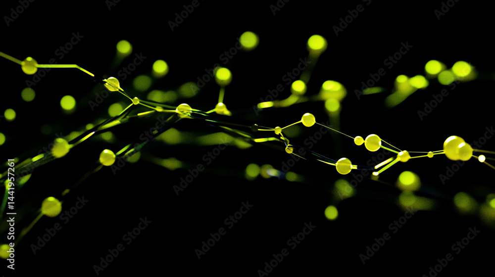 Poster abstract glowing green network connection on black background.