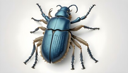 Stunning high-angle shot of a metallic blue beetle isolated on a clean white backdrop.