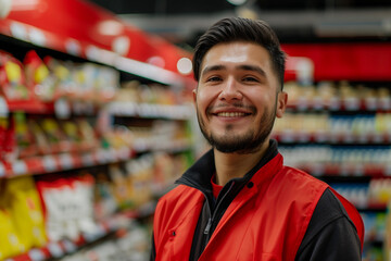 Naklejka premium Generative AI Image of a Smiling Supermarket Worker in the Aisle with Products on Display