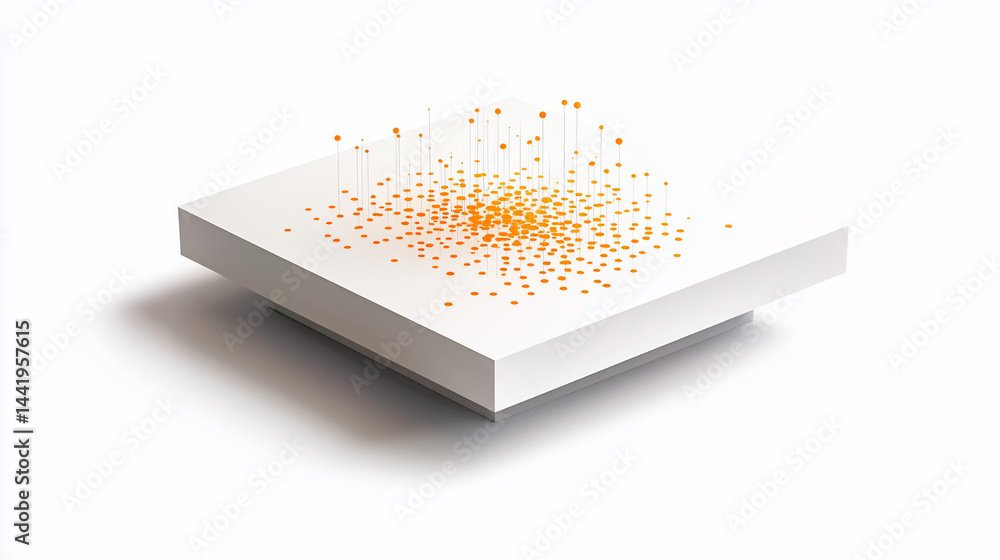 Poster Abstract 3D rendering of orange dots and lines on a white square platform, isolated on white background.