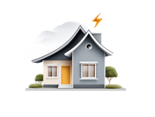 Striking Illustration of a House with Lightning on Roof Surrounded by Public Utility Icons and Modern Infrastructure Symbols
