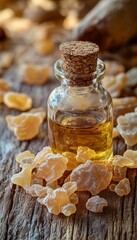 Frankincense Essential Oil with Resin on Rustic Wood, Aromatherapy and Natural Medicine Concept