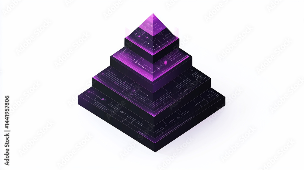 Poster Abstract isometric pyramid layered structure with glowing purple circuit design.