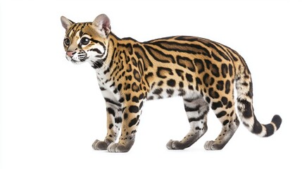 Obraz premium An ocelot standing with its spotted coat, on a white background