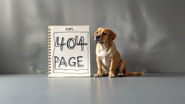 Dog sitting beside a "404 Page Not Found" sign on a gray background  