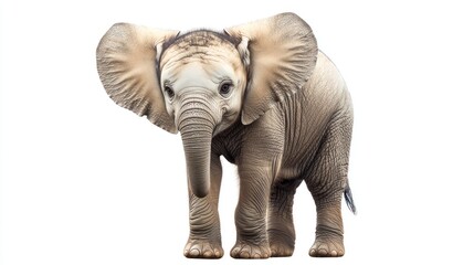 Fototapeta premium A baby elephant standing with big ears, isolated on white