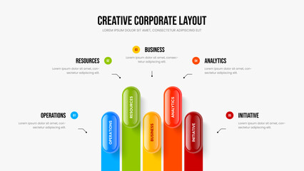 Investor Showcase 5 Element Diagram Presentation Design. Financial Solution Slideshow Layout Vector Illustration. Service Analysis Five Step Infographic Frame Template.