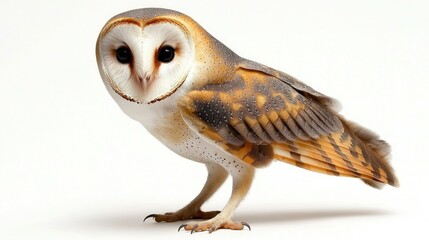 Obraz premium A barn owl standing with wide eyes, isolated on a white backdrop