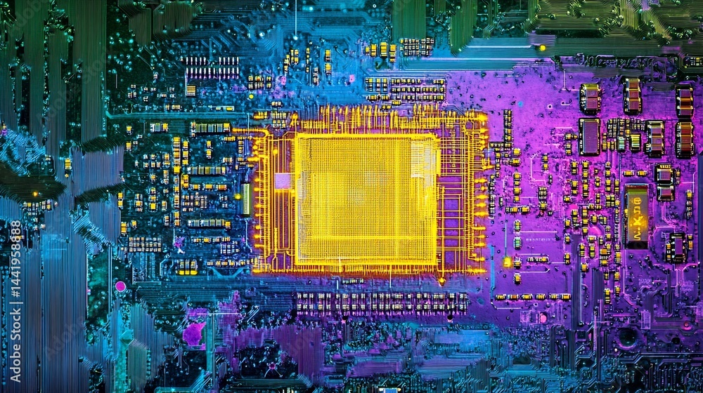 Poster Close-up of a vibrant computer circuit board with a central processor.