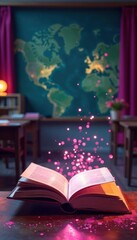 Pink HD wallpaper; magical classroom, floating books, glitter, scene, magic