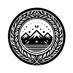 Monochromatic Mountain & Leaf Emblem, Minimalist Design, Logo