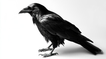 A black raven standing with glossy feathers, against a white background